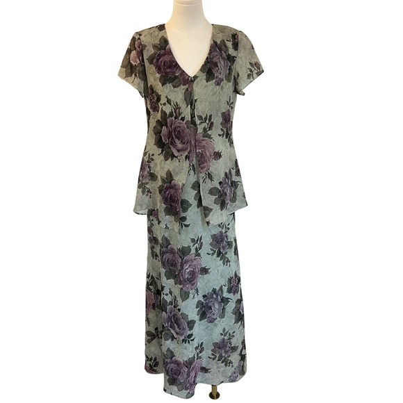 Vintage Jessica Howard Floral Maxi Dress Sheer Overlay Romantic Cottagecore M